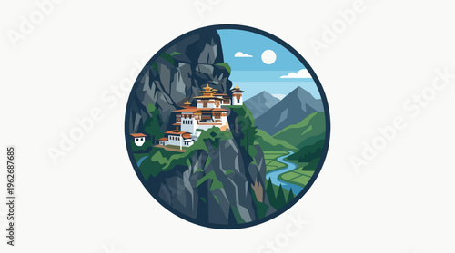Scenic Mountain Monastery in Bhutan Vector Design