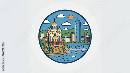 Colorful Cityscape Icon with Buildings and Nature