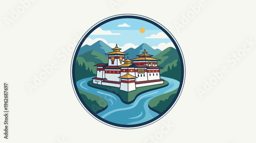 Bhutan's Fortress Monastery in a Circular Emblem