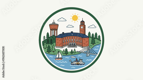 Helsinki City Emblem Vector View with Buildings and Water
