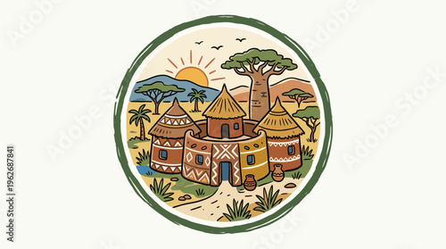 African Village Scene in a Decorative Round Frame