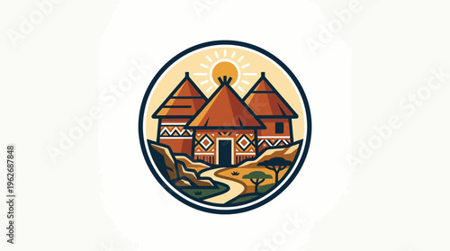 African Village Logo with Sun and Mountains