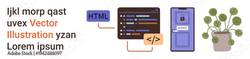 Web development, security, coding, user interface, data protection, software workflow. Code editor and smartphone with lock screen next to a potted plant. Web development and security concept