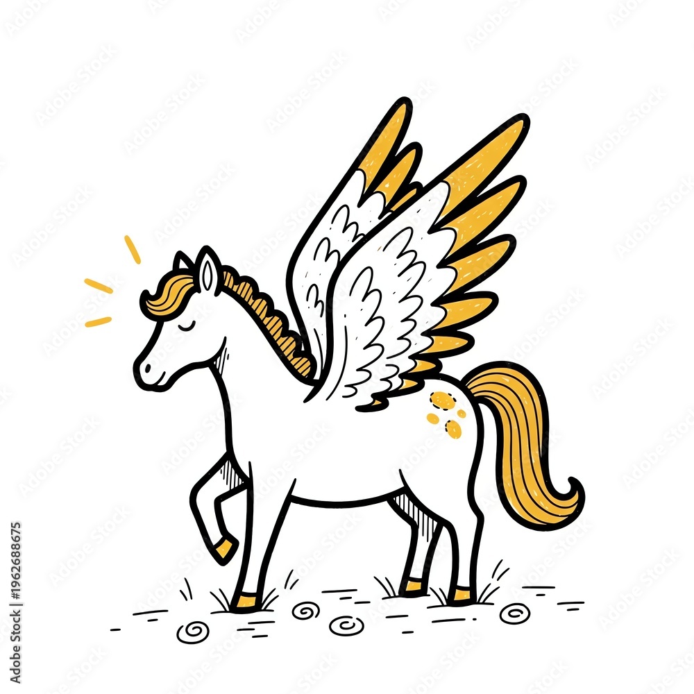 Fototapeta premium Cute Cartoon Pegasus with Golden Wings and Mane.