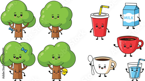 Cute Kawaii Character Vector Set with Smiling Trees, Milk Carton, Coffee Cup, Soda, and Water Glass Illustrations for Kids Stickers and Educational Designs