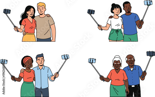 Diverse Couples Taking Selfie Vector Illustration Set Featuring Multicultural People Using Smartphone Stick for Social Media, Friendship and Lifestyle Moments Collection