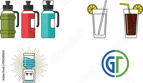 Drink Bottle and Beverage Icon Set Featuring Water Bottles, Lemon Juice Glass, Soda Drink, Supplement Jar and Modern GT Logo Design Elements Collection