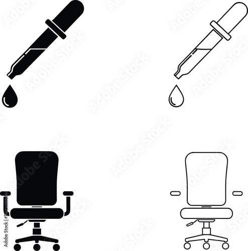 Dropper and Office Chair Icon Collection Featuring Liquid Pipette Tools and Furniture in Solid and Outline Vector Illustration Set