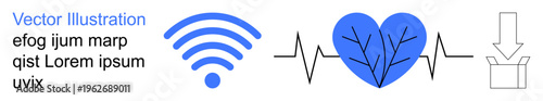 Remote healthcare, telemedicine, data sharing, connectivity, technology trends, mobile monitoring. wireless symbol, heartbeat line heart download icon. Remote healthcare and telemedicine concept