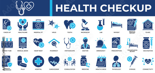 
Health Checkup icon set collection. Containing genetic, connectivity, anatomy, cog, info, lab, report .Solid vector icons collection