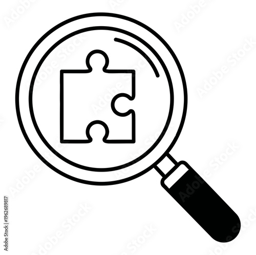 Black and white icon of a magnifying glass focusing on puzzle pieces closely