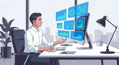 Diligent Businessman Monitoring Multiple Screens with Stock Market Data and Financial Graphs in Modern Office