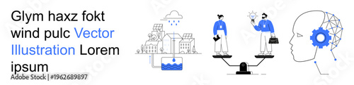 Innovation, sustainability, AI, economic balance, technology, future concepts. Line art humans with scales, gears and infrastructure. Innovation and sustainability theme with AI components