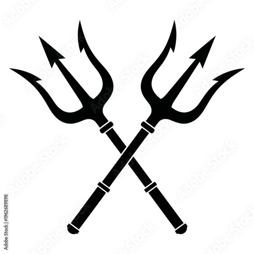 Black silhouette of two crossed tridents on white background