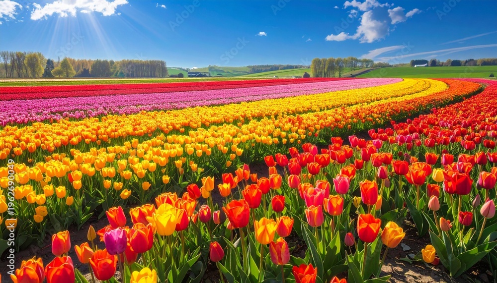 Fototapeta premium Vibrant multicolor tulip field in full bloom under sunny blue sky
