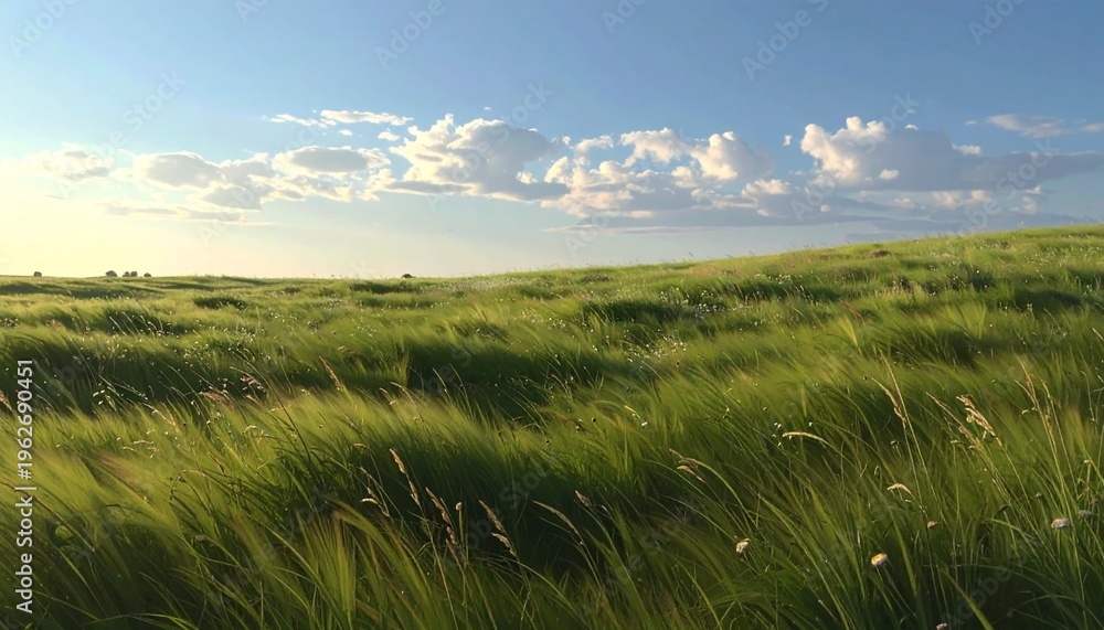 Obraz premium Serene summer meadow with wild grass under blue sky and soft sunlight