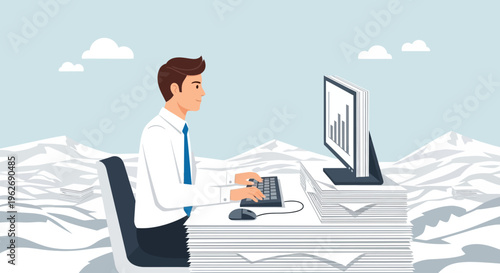 Overwhelmed businessman working on computer surrounded by stacks of paper in bright studio