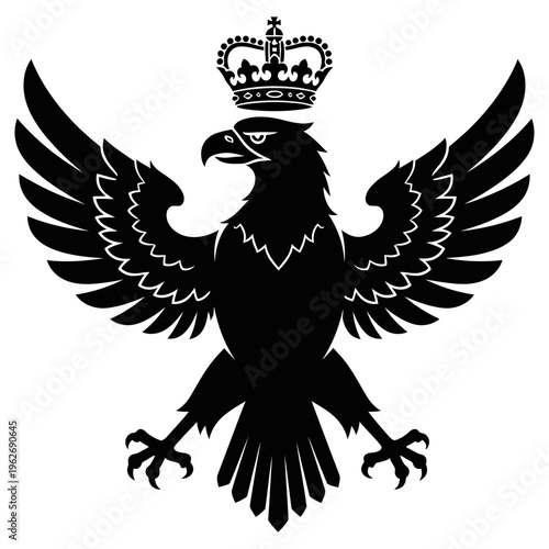 Black silhouette of an eagle with a crown on its head spreading its wings widely upwards