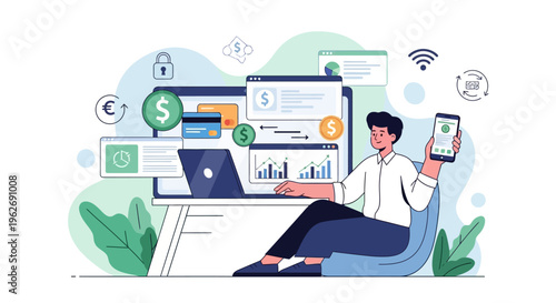 Man managing online money transactions and business on laptop and phone while relaxing in a chair in bright studio.