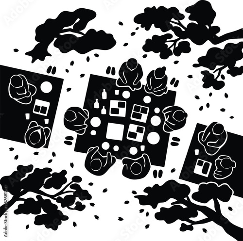 Silhouette of people enjoying a picnic under cherry blossom trees during spring hanami festival prime view.
