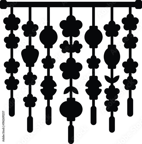 Traditional oriental embellishing curtain with lanterns and cherry blossoms silhouette for festive celebrations.