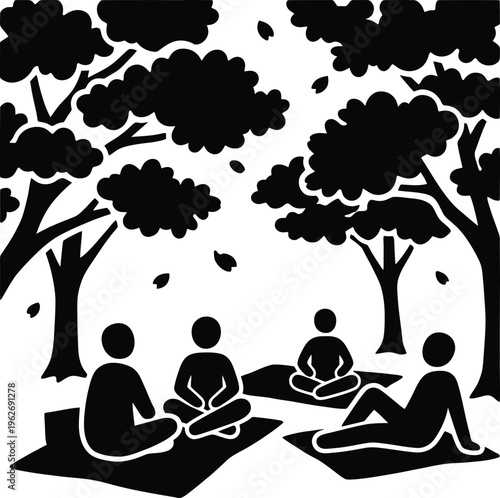 Black and white vector drawing of people having a picnic and relaxing under trees in a park during autumn.