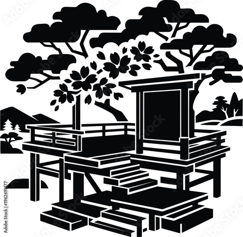 Traditional japanese shrine architecture with blooming cherry blossoms and pine trees in woodcut vector manner.