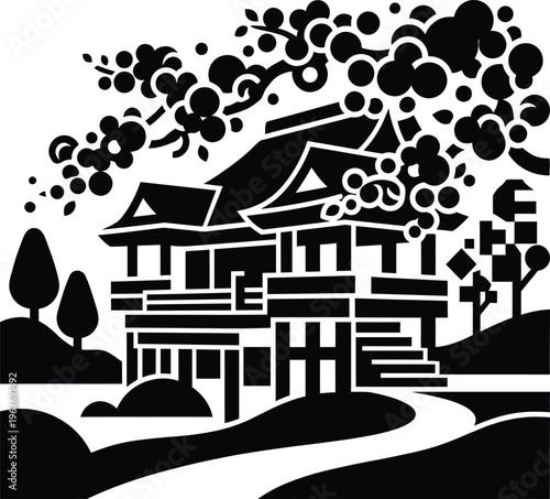 Silhouette of a traditional japanese temple with blooming cherry blossom trees and nature elements in vector illustration.