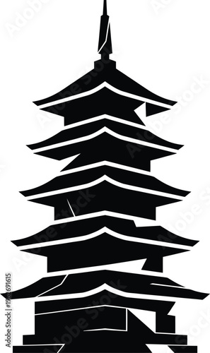 Japanese temple pagoda black silhouette vector drawing icon isolated on white backdrop for zen structure.