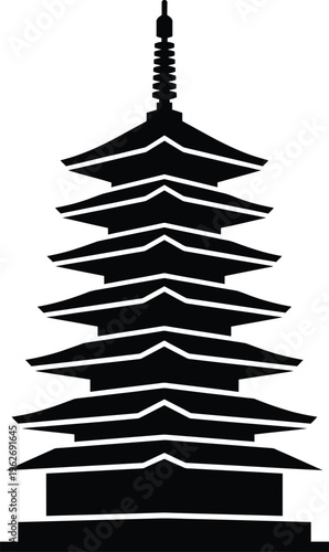 Minimalist black and white seven tier japanese pagoda silhouette for travel and cultural architecture structure.