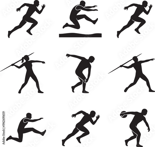 Athletics track and field silhouettes, 9 sports icons, black athlete vector set