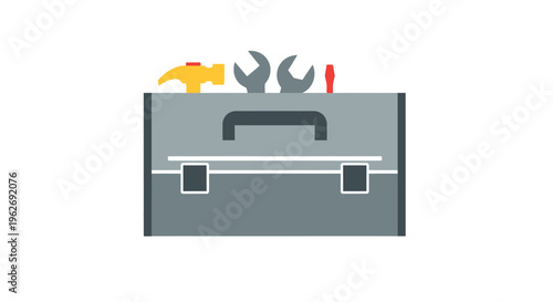 Gray metal toolbox with handle.