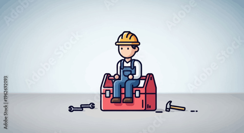 Cartoon worker sitting on toolbox.