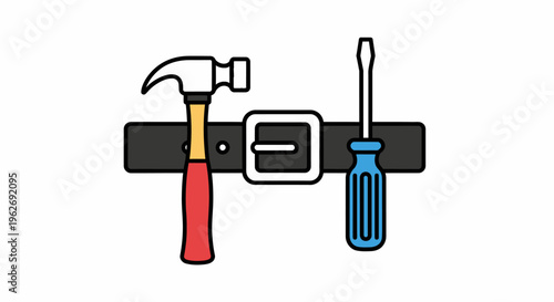 Hammer and screwdriver on belt.