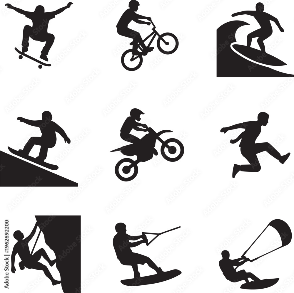 Fototapeta premium Extreme sports silhouette icons, 9 action athlete vector elements, outdoor adventure set