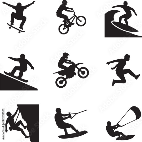 Extreme sports silhouette icons, 9 action athlete vector elements, outdoor adventure set