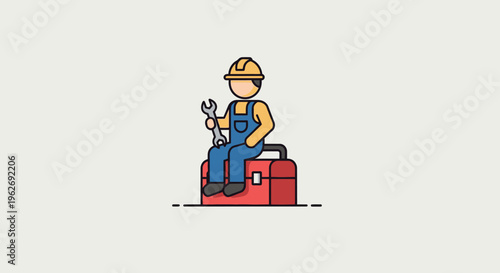 Man worker sitting on toolbox case.