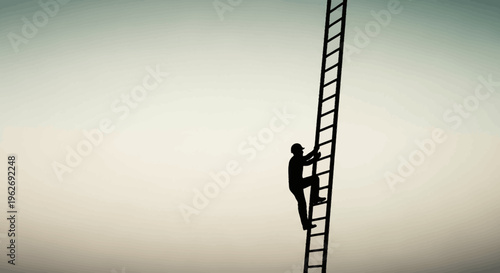 Man climbing up a tall ladder.