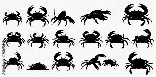 Collection of various crab silhouettes, ocean animal vector set, marine life, seafood icons.