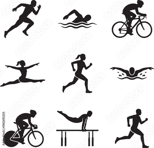Triathlon and gymnastics athlete silhouettes, 9 sports icons vector set, olympic competition