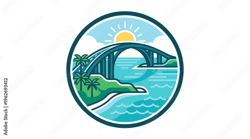 Obraz premium Scenic Bridge Over Ocean in a Circular Badge