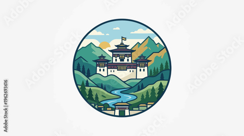 Scenic Bhutanese Fortress and Mountain Landscape