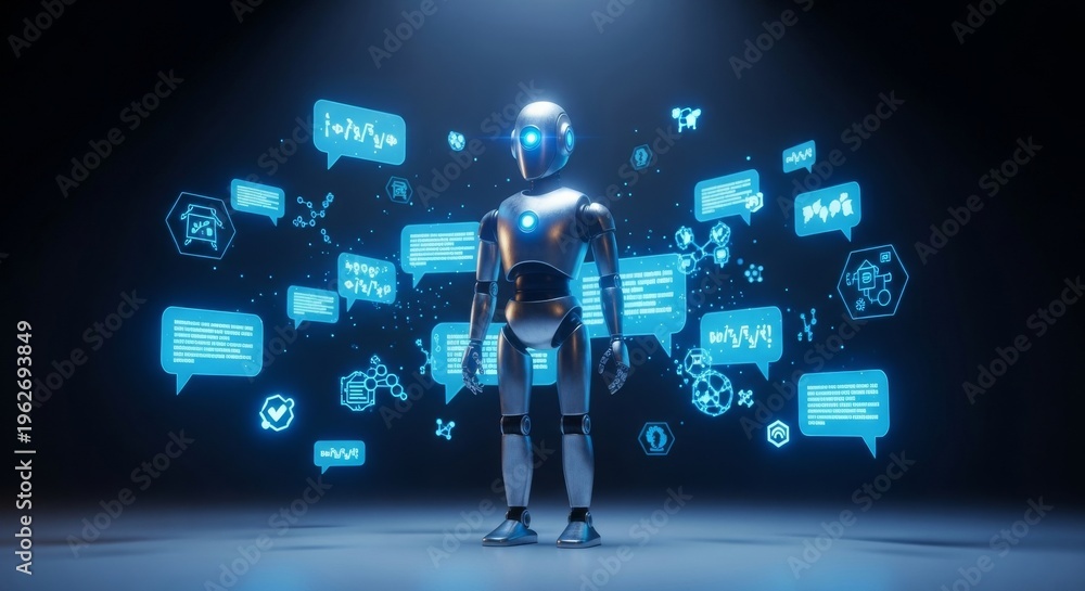 Obraz premium A sleek metallic robot stands in a dark studio surrounded by glowing blue holographic message bubbles and floating digital icons of light, silver, luminous, holographic