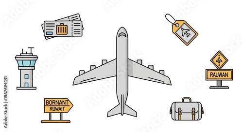 Airplane with travel related icons.