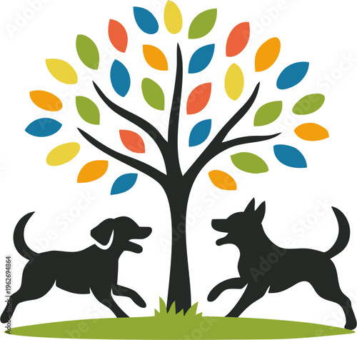 Illustration of two dogs playing in the park under a tree with colorful leaves