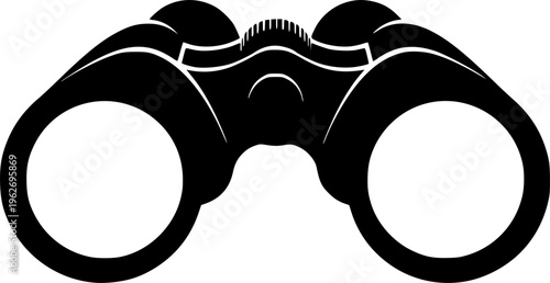 Black silhouette of binoculars on white background, symbolizing vision and observation
