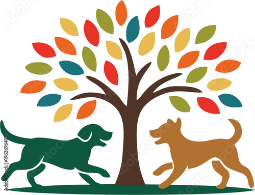 Illustration of two dogs playing in the park under a tree with colorful leaves