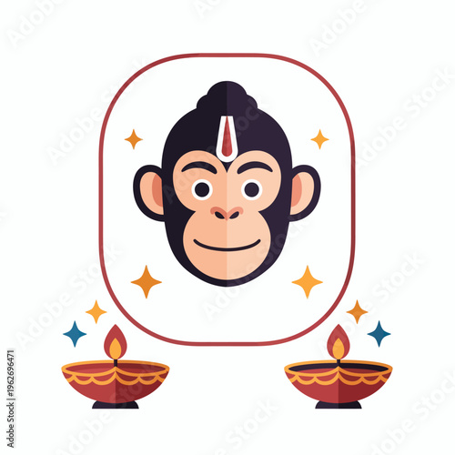 Monkey face with traditional Indian religious elements and lamps