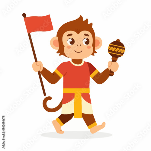 Cartoon monkey marching with a flag and a maraca in hand