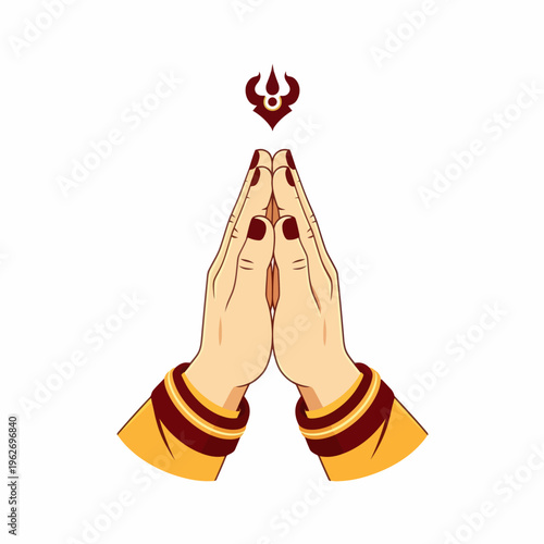 Hands in prayer, traditional Indian gesture with symbol